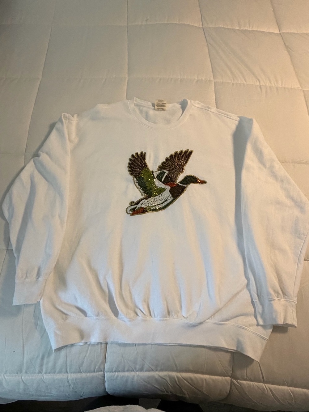 Comfort Colors White Sweatshirt with Embroidered Flying Mallard